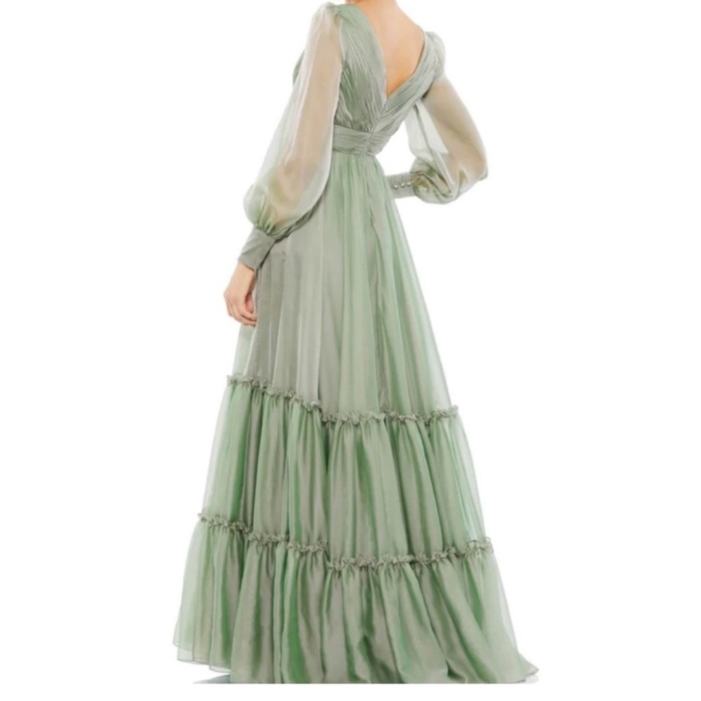 Mac Duggal FAUX WRAP ILLUSION BISHOP SLEEVE TIERED GOWN Sage NWT - Picture 3 of 16